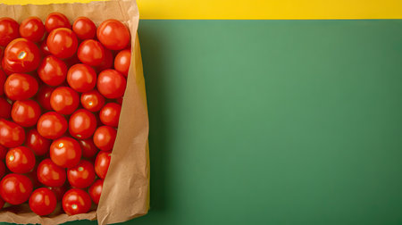 Frontal shot of a vibrant green background with ripe red tomatoes flat lay on a yellow countertop next to a paper bag of vegetables. Empty space for text at the top.の素材