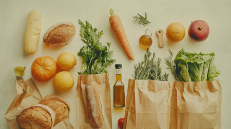 Flat lay of a variety of fruits, vegetables, greens, bread, and oil in eco-friendly shopping bags, perfect for showcasing healthy eating and environmental consciousness.の素材