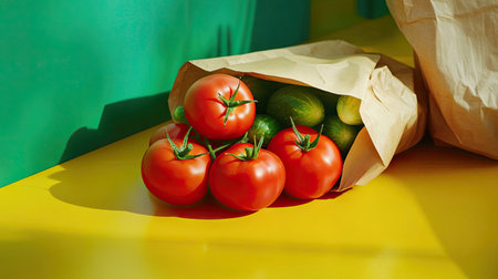 Green backdrop with ripe tomatoes neatly arranged on a yellow countertop next to a paper bag of vegetables, designed with text placement in mind.の素材