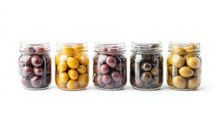 Glass jars with different types of pickled olives on a white background, emphasizing the variety and freshness of olives preserved in brine.の素材