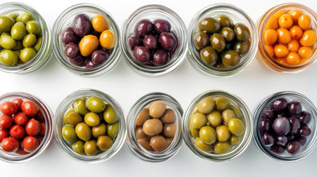 Glass jars filled with a selection of pickled olives, isolated on a white background, showcasing the diversity in color and size of the preserved olives.の素材