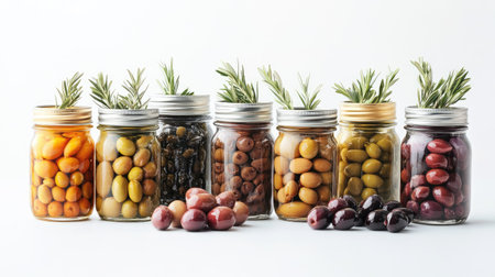 Glass jars filled with various types of pickled olives, isolated on a white background, showcasing the rich colors and textures of the olives.の素材