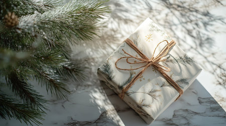 Holiday background with a beautifully wrapped gift box next to a pine tree, setting the perfect festive mood for the Christmas season.の素材