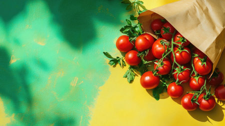 Green background and yellow countertop featuring scattered ripe tomatoes and a paper bag of vegetables, ideal for creative designs with text space.の素材