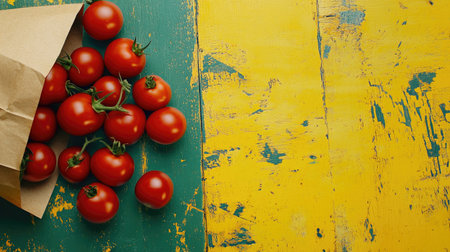 Green background and yellow countertop featuring scattered ripe tomatoes and a paper bag of vegetables, ideal for creative designs with text space.の素材