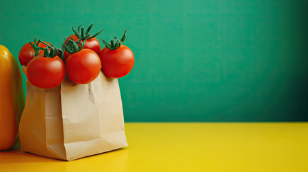 Green background and yellow countertop featuring scattered ripe tomatoes and a paper bag of vegetables, ideal for creative designs with text space.の素材