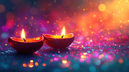 Happy Diwali with lit Lita Diya oil lamps, glowing warmly on a glittering, colorful background, symbolizing the festival of lights and joy.の素材