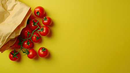 Green background and yellow countertop featuring scattered ripe tomatoes and a paper bag of vegetables, ideal for creative designs with text space.の素材