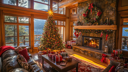 Inside a magical Christmas living room, with a glowing tree, flickering fireplace, and beautifully wrapped gifts, radiating warmth and holiday spirit.の素材