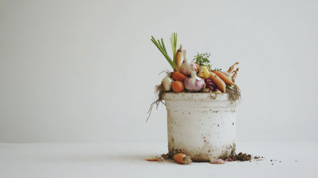 Minimalistic composition of a small compost bin with food scraps, including onion skins and carrot tops, against a white background.の素材