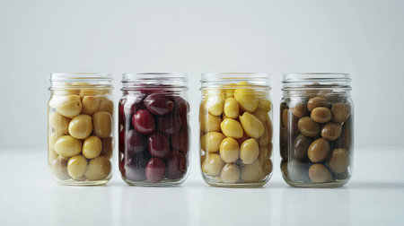 Multiple glass jars filled with different varieties of pickled olives, isolated on a white surface, highlighting the variety and freshness of the preserved olives.の素材