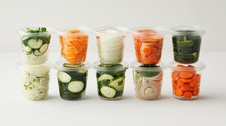 Multiple jars of homemade pickled vegetables, including cucumbers, onions, and carrots, stacked for winter use, placed on a white background.の素材