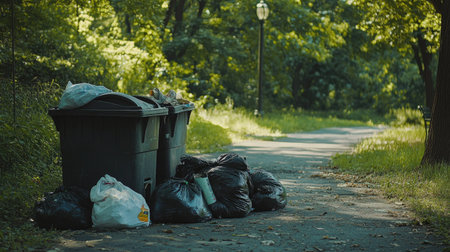 Overfilled garbage bin and multiple trash bags placed along a park path, with trees and grass in the background.の素材