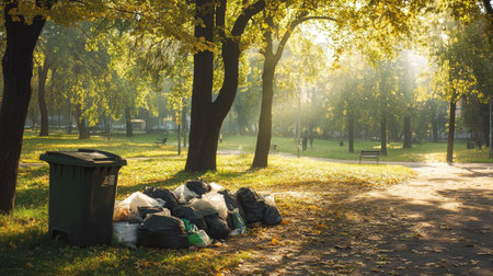 Overflowing park waste bin and a pile of garbage bags beside it, with sunlight filtering through nearby trees.の素材
