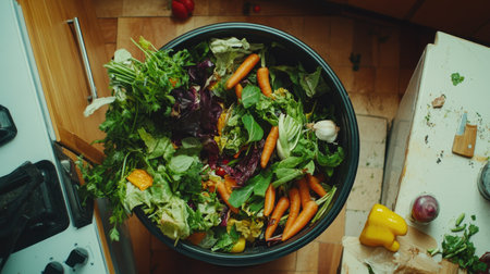 Overhead view of an open trash can filled with colorful organic waste, including wilted greens and carrot tops, in a bright kitchen.の素材