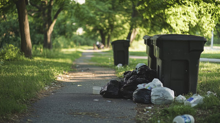 Overfilled garbage bin and multiple trash bags placed along a park path, with trees and grass in the background.の素材