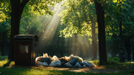 Overflowing park waste bin and a pile of garbage bags beside it, with sunlight filtering through nearby trees.の素材