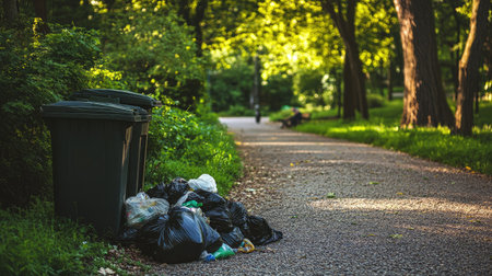 Overflowing waste bin with garbage bags piled nearby, placed along a gravel path in a green park.の素材