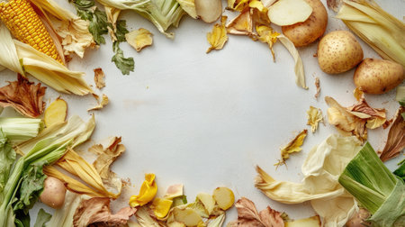 Organic waste items, including corn husks and potato skins, artistically arranged in a circle on a white backdrop.の素材