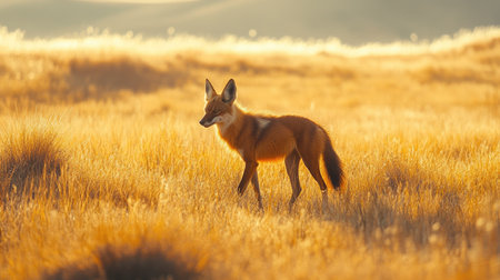 The rare and graceful maned wolf walking through the remote grasslands of South America, its long legs and striking appearance making it a natural marvel.の素材