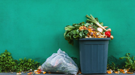 Organic waste container filled with vegetable peelings and a sealed garbage bag placed together, with a vibrant green wall as a backdrop.の素材