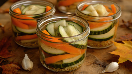 Set of glass jars containing pickled vegetables, including cucumbers, carrots, and garlic, ready for winter, arranged on a wooden table with autumn leaves.の素材