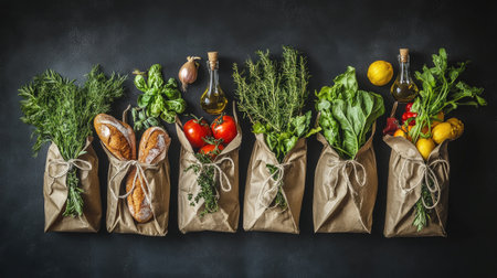 Sustainable grocery shopping concept with eco bags full of fresh fruits, vegetables, greens, bread, and oil, arranged in a flat lay for a healthy eating theme.の素材