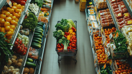 Top view of a cart packed with groceries, including fresh vegetables and drinks, as it moves through a well-stocked supermarket aisle.の素材
