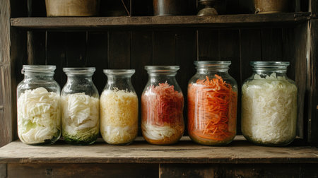 Set of glass jars containing pickled vegetables such as cabbage, carrots, and onions, lined up for winter preservation, placed on a rustic wooden table.の素材