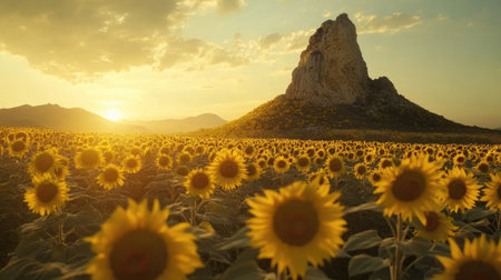 The mystical Lovers' Rock surrounded by a sea of sunflowers at sunrise in Antequera, with the soft light creating an ethereal atmosphere.の素材