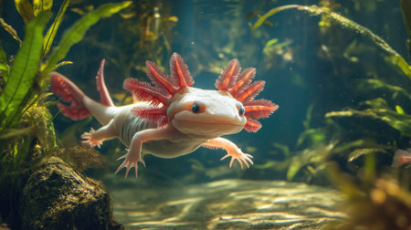 The elusive axolotl swimming in the crystal-clear waters of its remote habitat, with its delicate gills and unique appearance making it one of the world's rarest creatures.の素材