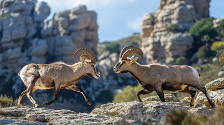 The moment of impact as two male ibexes collide with their horns in El Torcal, Antequera, with the iconic rock formations of the region in the background.の素材