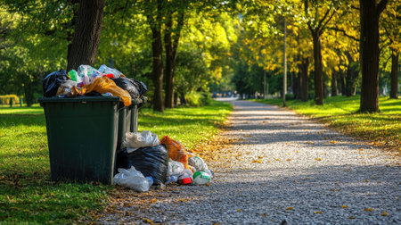 Overflowing waste bin with garbage bags piled nearby, placed along a gravel path in a green park.の素材