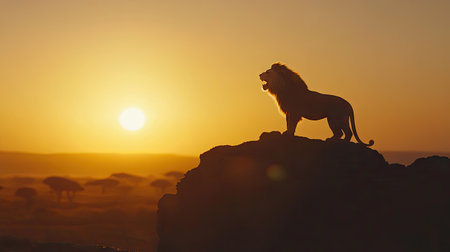 The iconic Serengeti landscape at sunrise, with a lion roaring atop a rock formation as the sun emerges.の素材