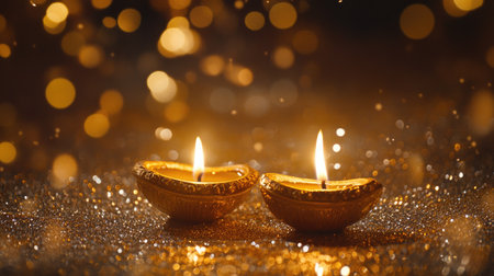 Traditional Diwali Lita Diya oil lamps, brightly lit and surrounded by a sparkling, glittering backdrop, evoking the spirit of the festival of lights.の素材