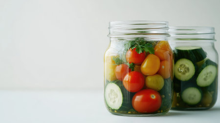 Two glass jars filled with pickled cucumbers and tomatoes, isolated on a white background, perfect for illustrating the preservation of fresh produce.の素材