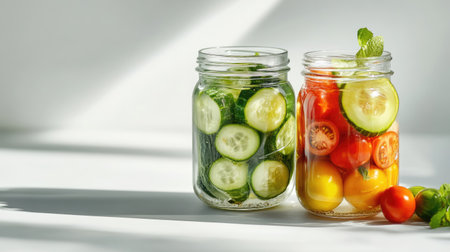Two glass jars containing pickled cucumbers and tomatoes, isolated on a clean white background, showcasing the traditional preservation method.の素材