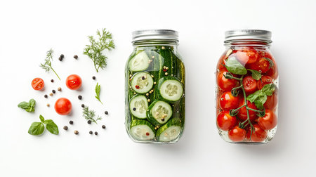 Two glass jars with pickled cucumbers and tomatoes, isolated on a white background, showcasing the beauty of homemade preserved vegetables.の素材