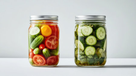 Two glass jars filled with pickled cucumbers and tomatoes, isolated on a clean white background, showcasing the vibrant colors of preserved vegetables.の素材