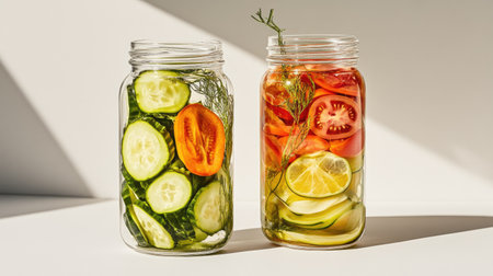 Two glass jars containing pickled cucumbers and tomatoes, neatly arranged on a white background, highlighting the bright colors and texture of the preserved vegetables.の素材