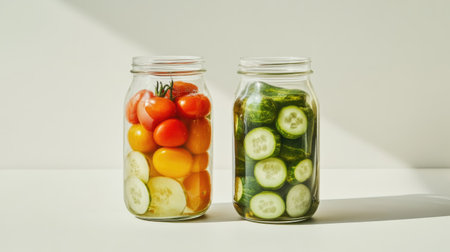 Two glass jars with pickled cucumbers and tomatoes, placed against a simple white background, highlighting the vibrant preserved vegetables.の素材