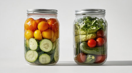 Two glass jars containing pickled cucumbers and tomatoes, neatly arranged on a white background, highlighting the bright colors and texture of the preserved vegetables.の素材