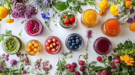 Various jars containing colorful jams, fruity compotes, and pickled vegetables on a white table, showcasing vibrant preserved fruits ready for use.の素材