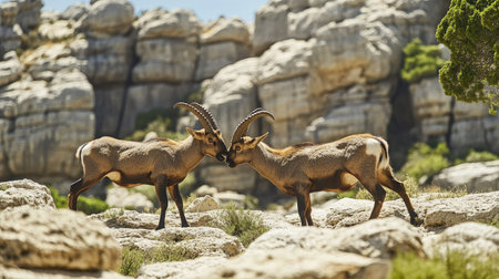 Two male ibexes engaged in a fierce fight for dominance, with their powerful bodies and horns clashing against the unique rocky formations of El Torcal, Antequera.の素材
