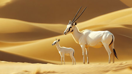 A young Arabian oryx standing beside its mother, both gazing into the distance across the vast, sandy dunes of the Dubai Desert.の素材