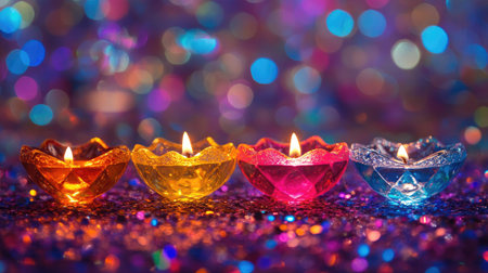 Vibrant and colorful Diwali Lita Diya lamps glowing with light, set against a shimmering, glittery background, representing the festival of lights.の素材