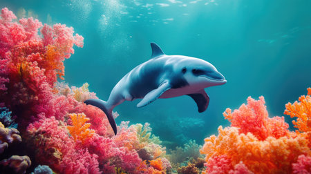 Underwater view of a vaquita near a coral reef, highlighting the vibrant marine life and its role in the ecosystem of the Gulf of California.の素材
