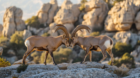 Two male ibexes battling in the unique rock formations of El Torcal, Antequera, with their horns locked in a fierce confrontation.の素材