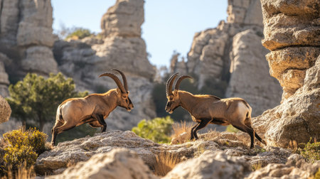 Two male ibexes battling in the unique rock formations of El Torcal, Antequera, with their horns locked in a fierce confrontation.の素材