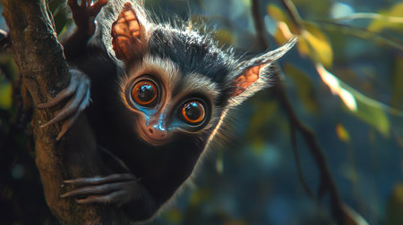 An aye-aye hanging from a tree branch in Madagascar, its wide eyes and elongated fingers creating an eerie yet fascinating sight.の素材